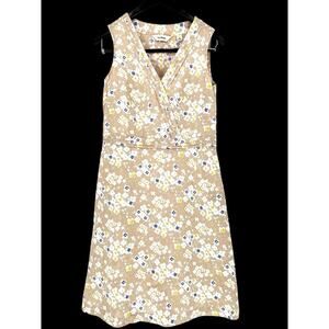 LL BEAN Women's Sleeveless V Neck‎ Dress Linen Beige Floral Sz 6 Casual Beach